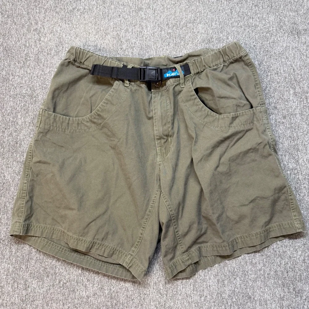 KAVU Men XL Big Eddy Shorts Olive Green Canvas Belted Hiking Outdoor Gorpcore